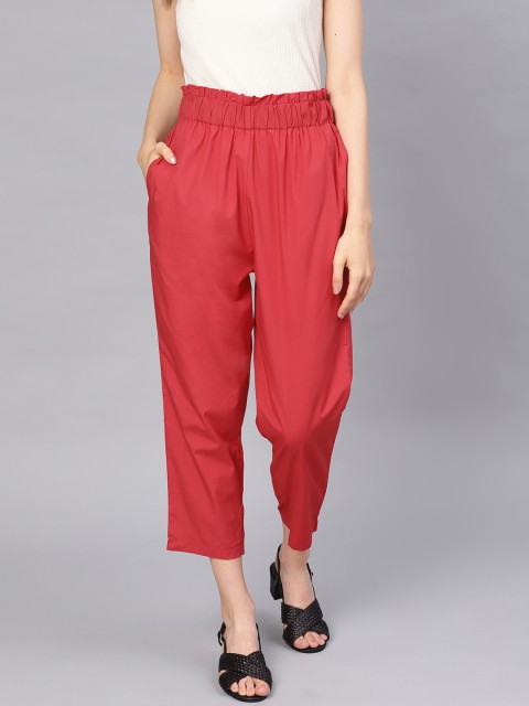 

I AM FOR YOU Women Red Relaxed Straight Leg Solid Cropped Trousers