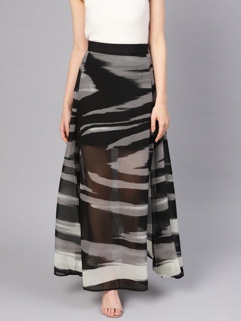 

I AM FOR YOU Women Black & Grey Printed A-Line Maxi Skirt