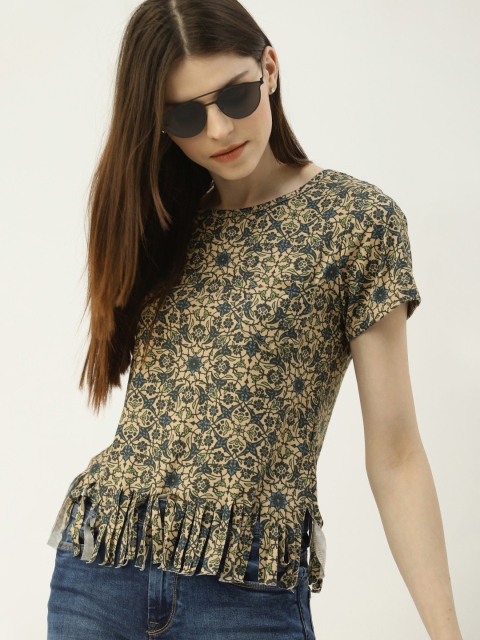

NUSH Women Beige & Teal Green Printed Round Neck T-shirt