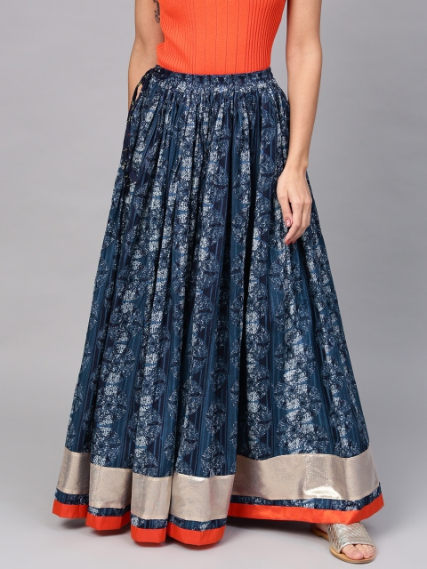 

Geroo Jaipur Women Navy Blue Bagru Handblock Print Flared Maxi Skirt