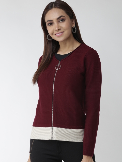 Madame Women Burgundy & Off-White Solid Cardigan