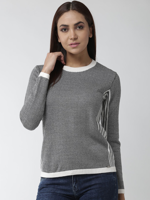 

Madame Women Black & White Chevron Patterned Pullover