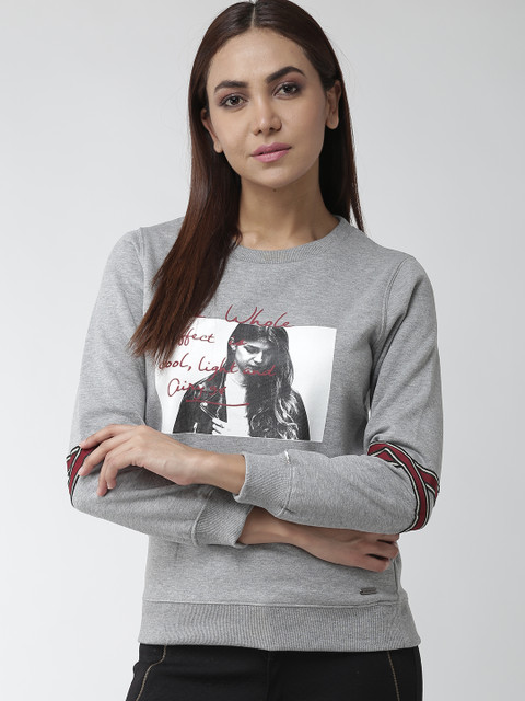 

Madame Women Grey Melange Printed Sweatshirt