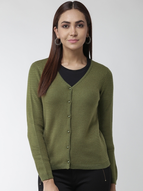 

Madame Women Olive Green Self Design Cardigan