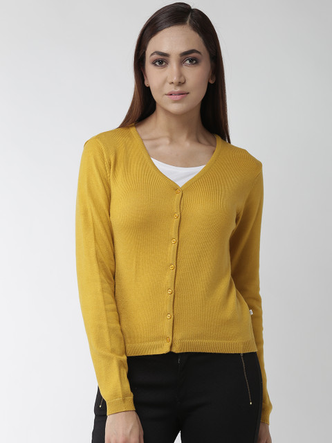 

Madame Women Mustard Yellow Solid Cardigan