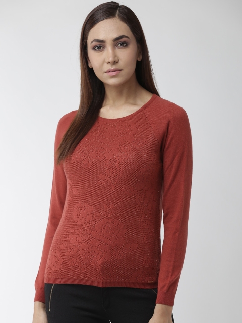 

Madame Women Rust Red Self Design Pullover