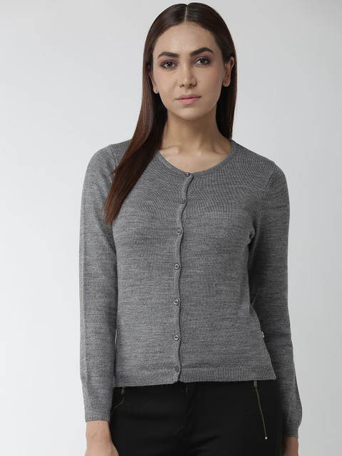

Madame Women Grey Melange Solid Cardigan