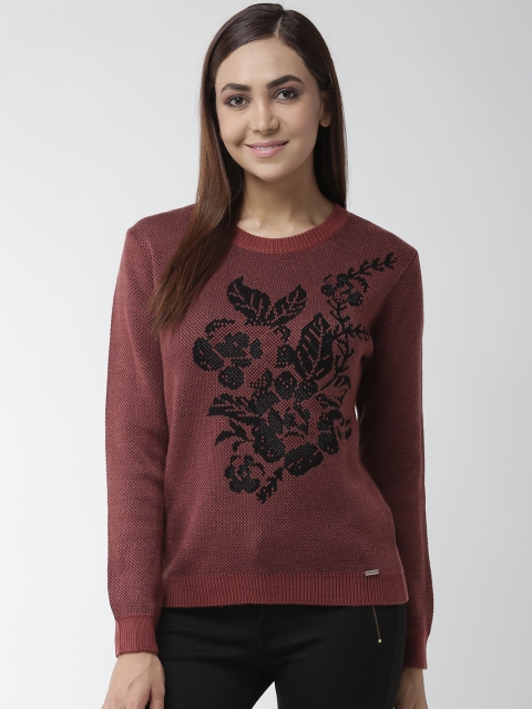 

Madame Women Rust Red & Black Self Design Sweater