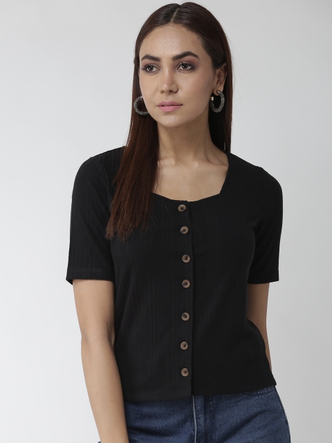 

Madame Women Black Self-Striped Pure Cotton Top