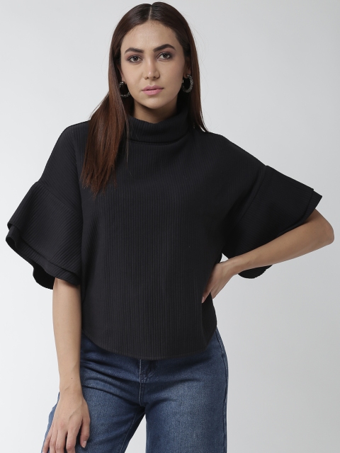 

Madame Women Black Self-Striped Boxy Pure Cotton Top