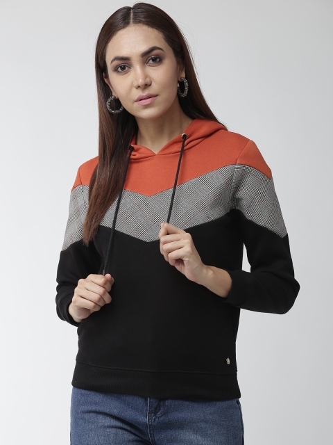

Madame Women Black & Rust Orange Colourblocked Hooded Sweatshirt