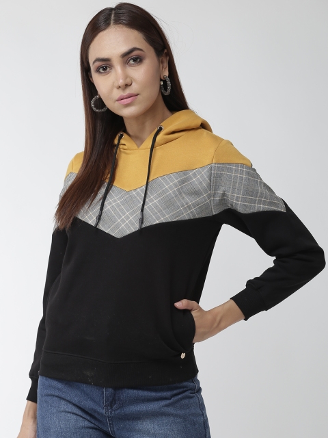 

Madame Women Black & Mustard Yellow Colourblocked Hooded Sweatshirt