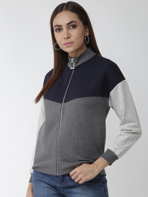 

Madame Women Grey & Navy Blue Colourblocked Sweatshirt