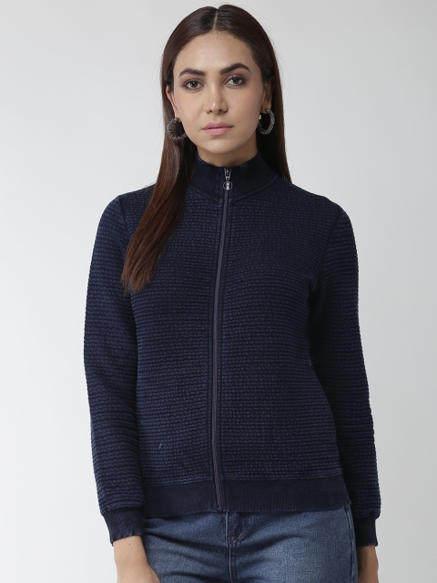 Madame Women Navy Blue Self Design Sweatshirt
