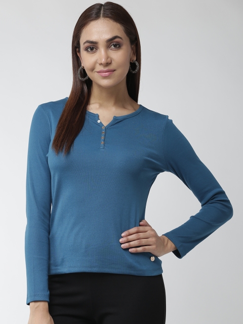 

Madame Women Teal Blue Solid Round Neck T-shirt