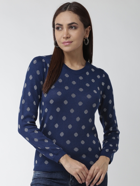 

Madame Women Navy Blue & Silver-Toned Self Design Sweater