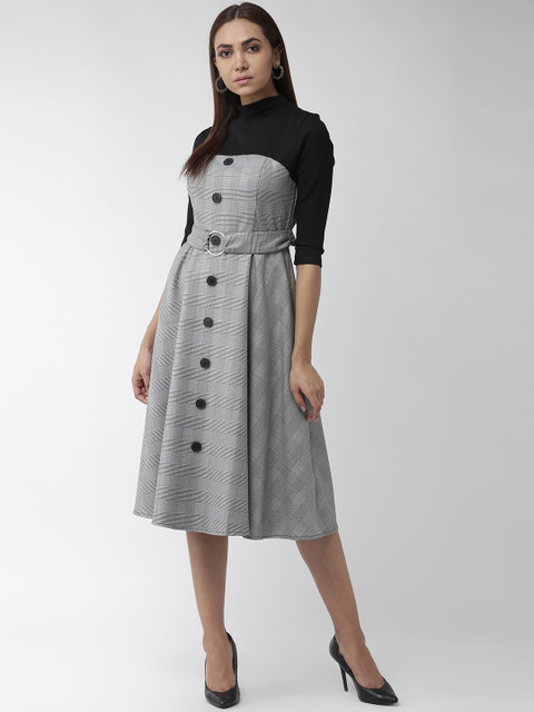 

Madame Women Black & White Self-Checked A-Line Dress