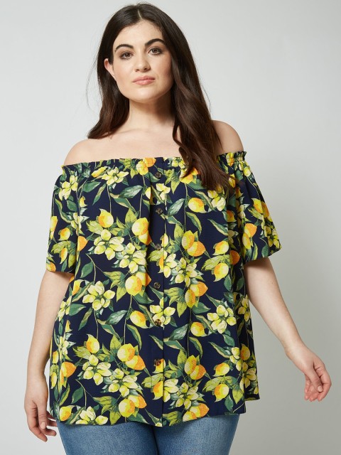 

DOROTHY PERKINS Women Navy Blue & Yellow Off-Shoulder Tropical Print Bardot Top