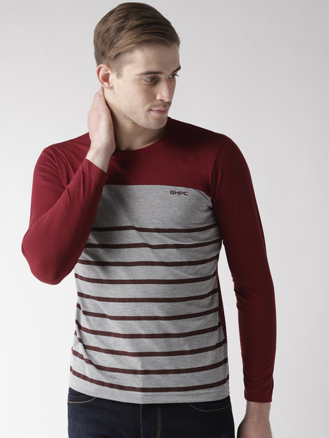 

GHPC Men Grey Melange & Maroon Striped Round Neck T-shirt