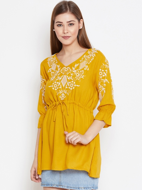 

Fizera Womens Mustard Color Embroidered Rayon Tunic