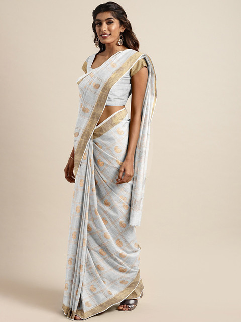 

Pavechas White & Golden Pure Cotton Woven Design Kasavu Saree