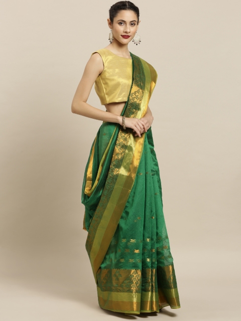

Pavechas Green & Gold-Toned Poly Silk Woven Design Banarasi Saree