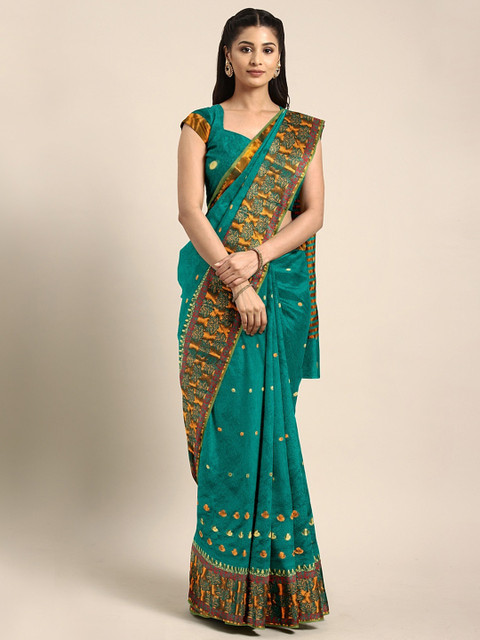 

Pavechas Teal Green Poly Silk Printed Banarasi Saree