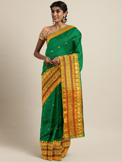 

Pavechas Green & Gold-Toned Poly Silk Woven Design Banarasi Saree