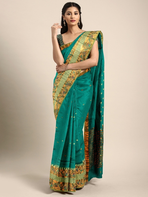 

Pavechas Teal Green & Gold-Toned Poly Silk Woven Design Banarasi Saree
