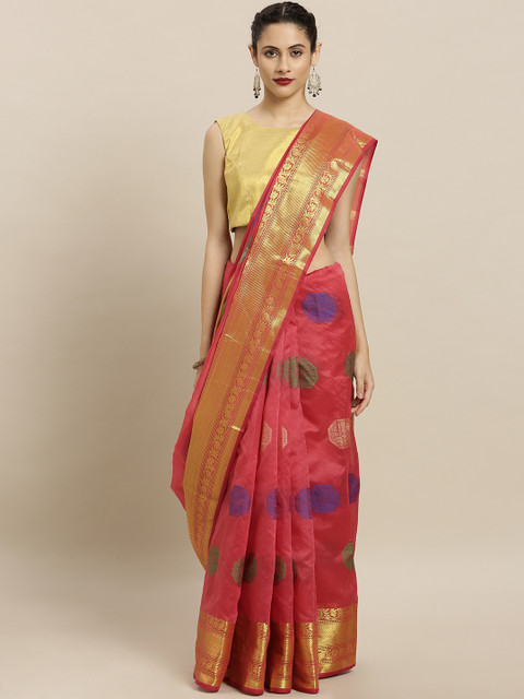 

Pavechas Pink & Gold-Toned Poly Silk Woven Design Banarasi Saree