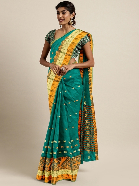 

Pavechas Teal Green & Gold-Toned Poly Silk Woven Design Banarasi Saree