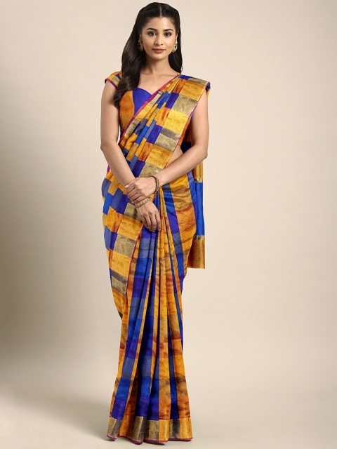 

Pavechas Blue & Yellow Poly Silk Checked Banarasi Saree