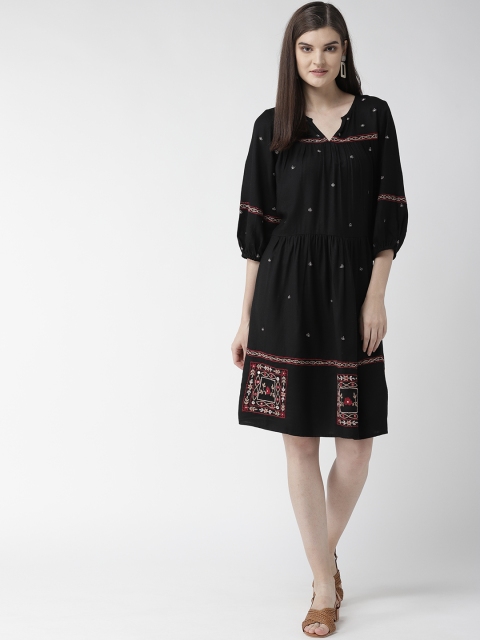 

SCOUP Women Black Embroidered A-Line Dress