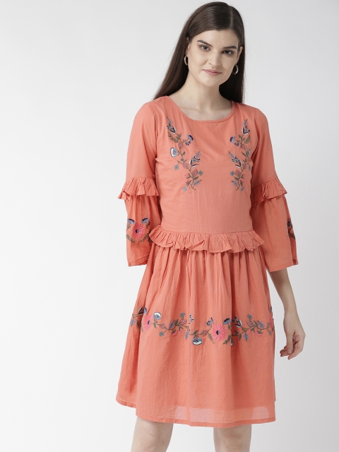 

SCOUP Women Coral Orange Embroidered A-Line Dress