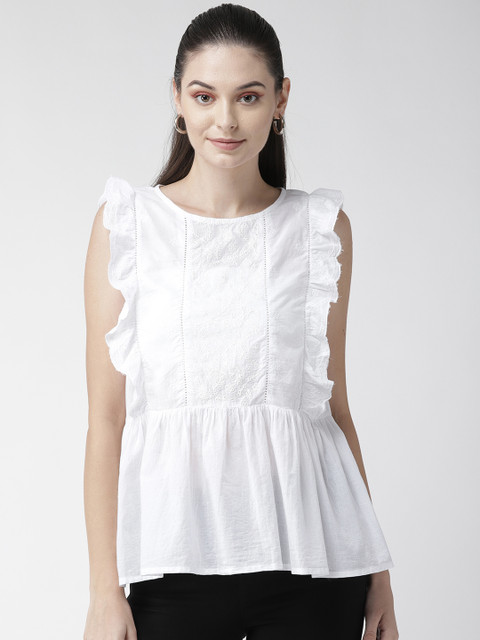 

SCOUP Women White Schiffli Embroidered Top