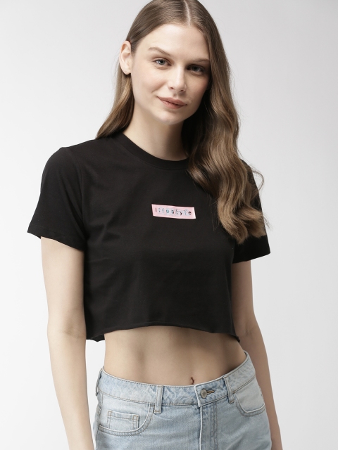 

FOREVER 21 Women Black Solid Knitted Crop Top