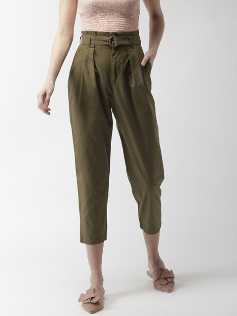 

FOREVER 21 Women Olive Green Regular Fit Solid Regular Cropped Trousers