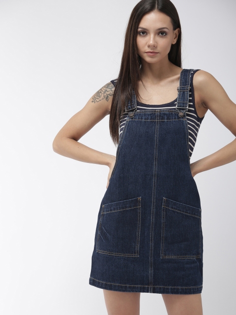 

FOREVER 21 Women Solid Blue Denim Pinafore Dress
