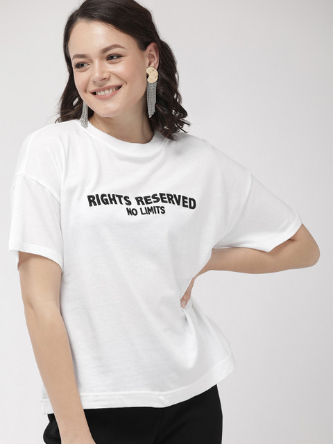 

FOREVER 21 Women White Embroidered Round Neck T-shirt