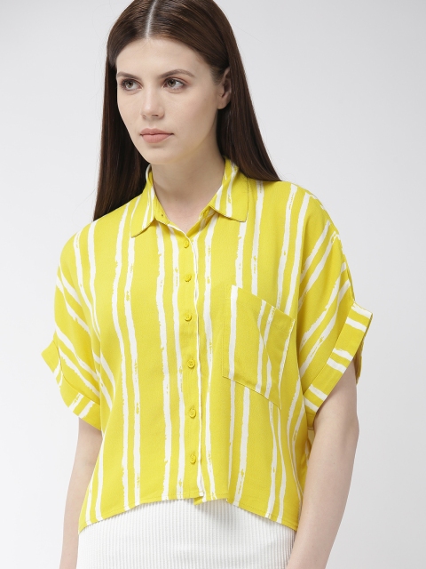 

FOREVER 21 Women Yellow & White Striped Shirt Style Top