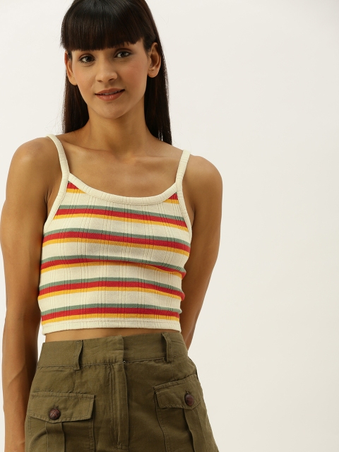 

FOREVER 21 Women Cream-Coloured & Red Striped Crop Top