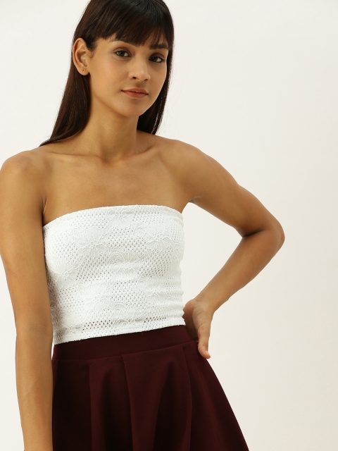

FOREVER 21 Women White Self Design Cropped Tube Top