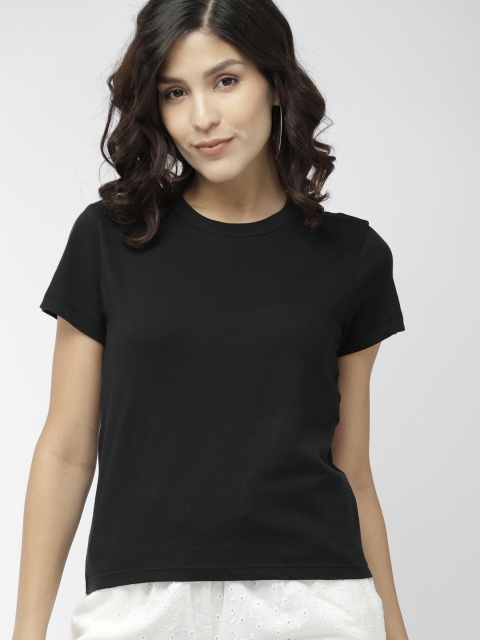 

FOREVER 21 Women Black Solid Round Neck T-shirt