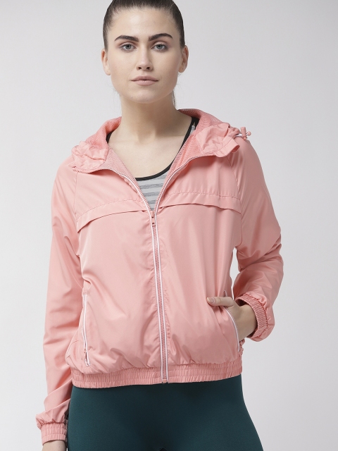 

FOREVER 21 Women Pink Solid Hooded Bomber Jacket