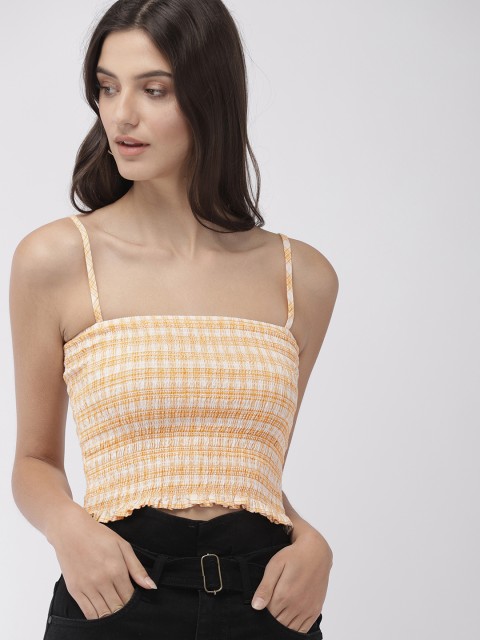 

FOREVER 21 Women Mustard Yellow & White Striped Fitted Pure Cotton Top