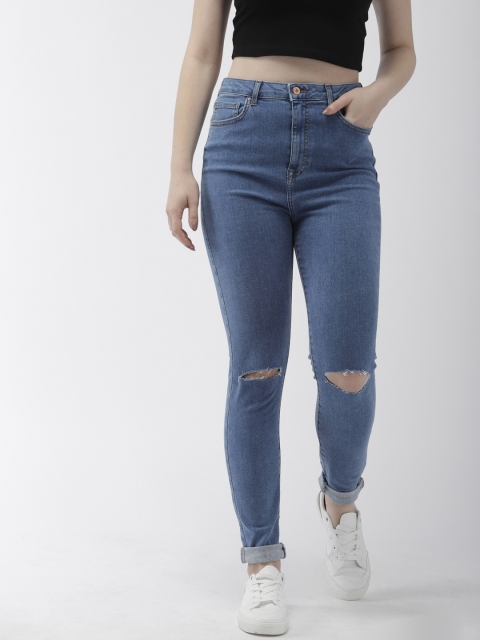 

FOREVER 21 Women Blue Slim Fit High-Rise Slash Knee Stretchable Jeans