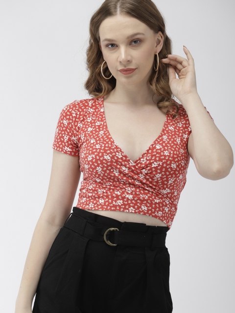 

FOREVER 21 Women Rust Red & White Printed Wrap Crop Top
