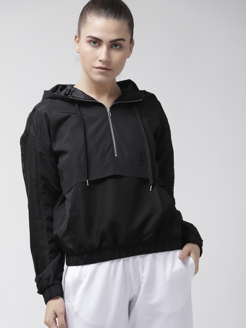 

FOREVER 21 Women Black Solid Hooded Sporty Jacket