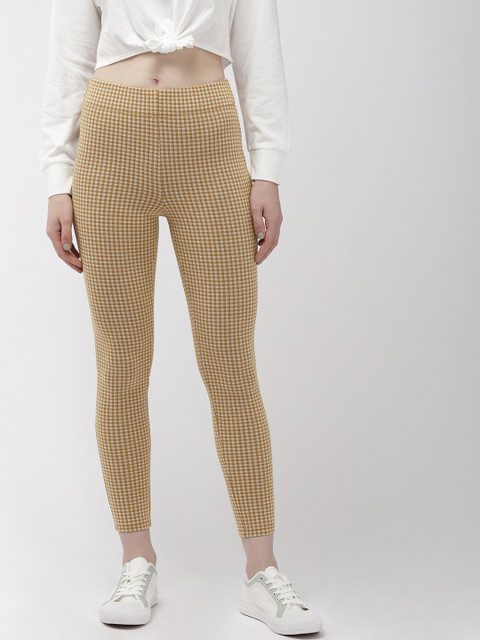 

FOREVER 21 Women Mustard Yellow & White Checked Tights