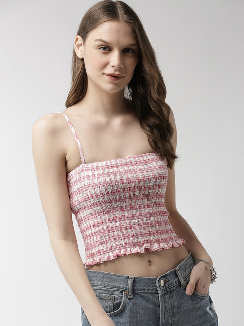 

FOREVER 21 Women White & Red Self Design Fitted Pure Cotton Top
